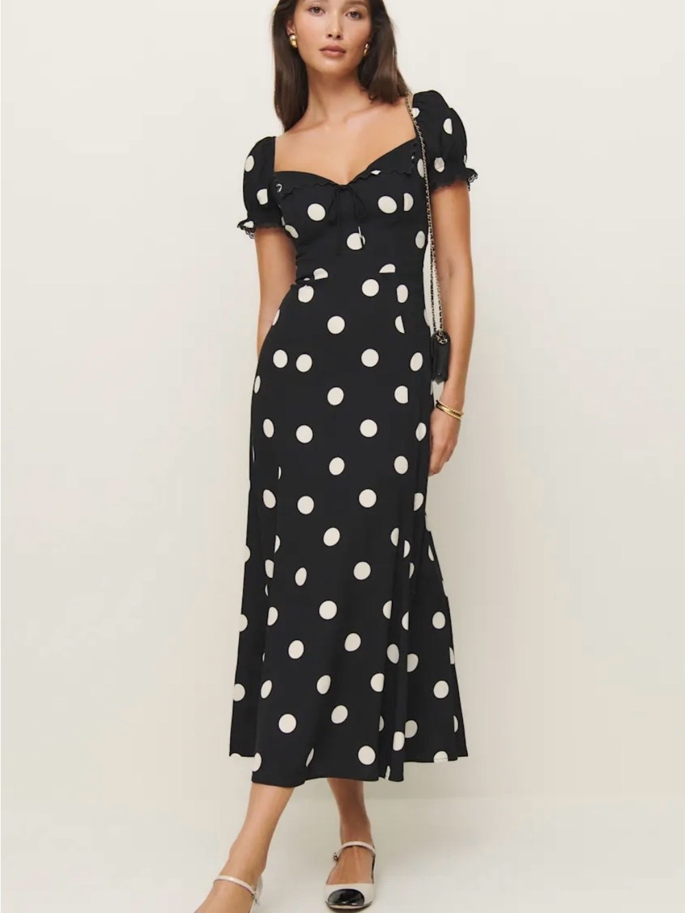 Reformation Shyla Black Polka Dot Midi Dress with Puff Sleeves